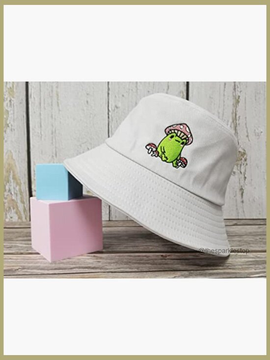 Embroidered Frog with Mushroom Bucket Hat, Cotton, Unisex main image 4